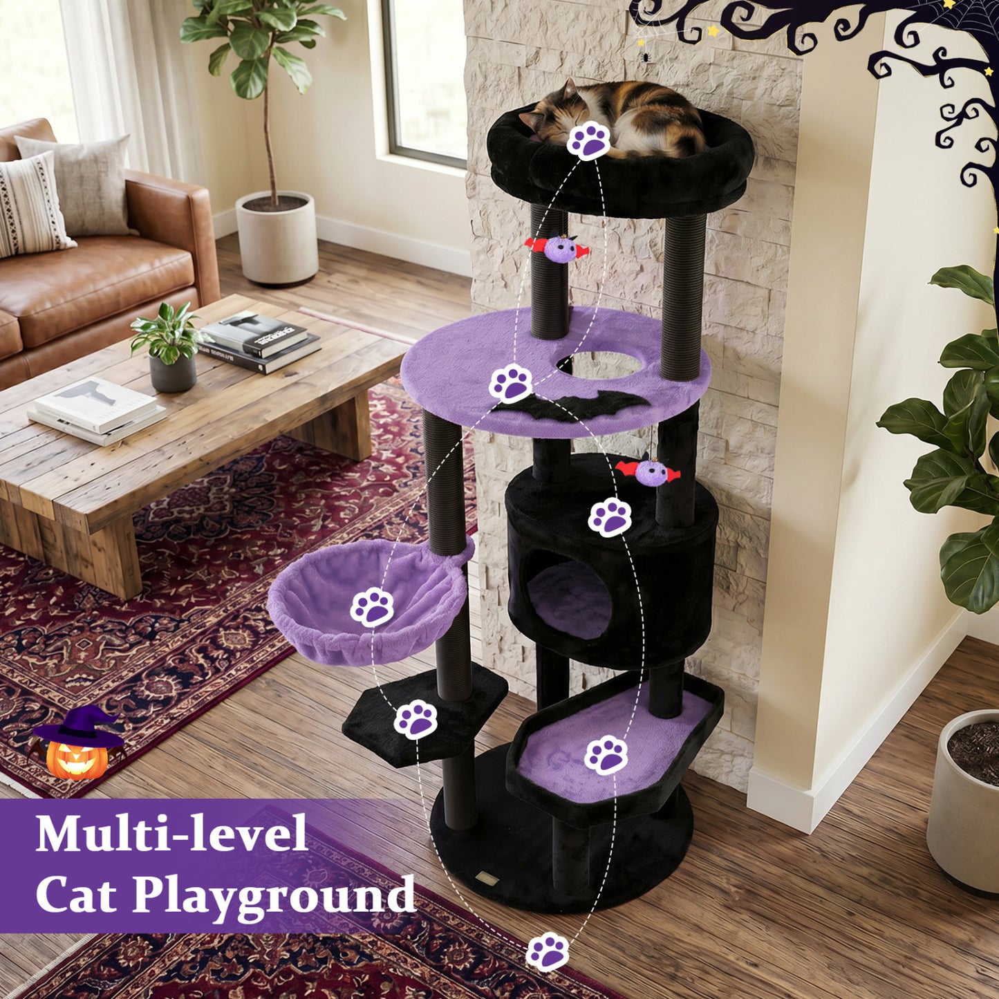 Tour à chat gothique de 60″, perchoir en peluche, jouets araignée, violet