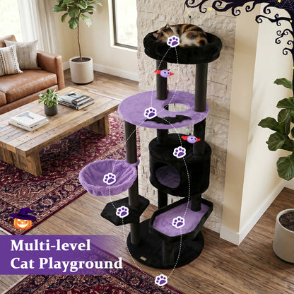 Tour à chat gothique de 60″, perchoir en peluche, jouets araignée, violet