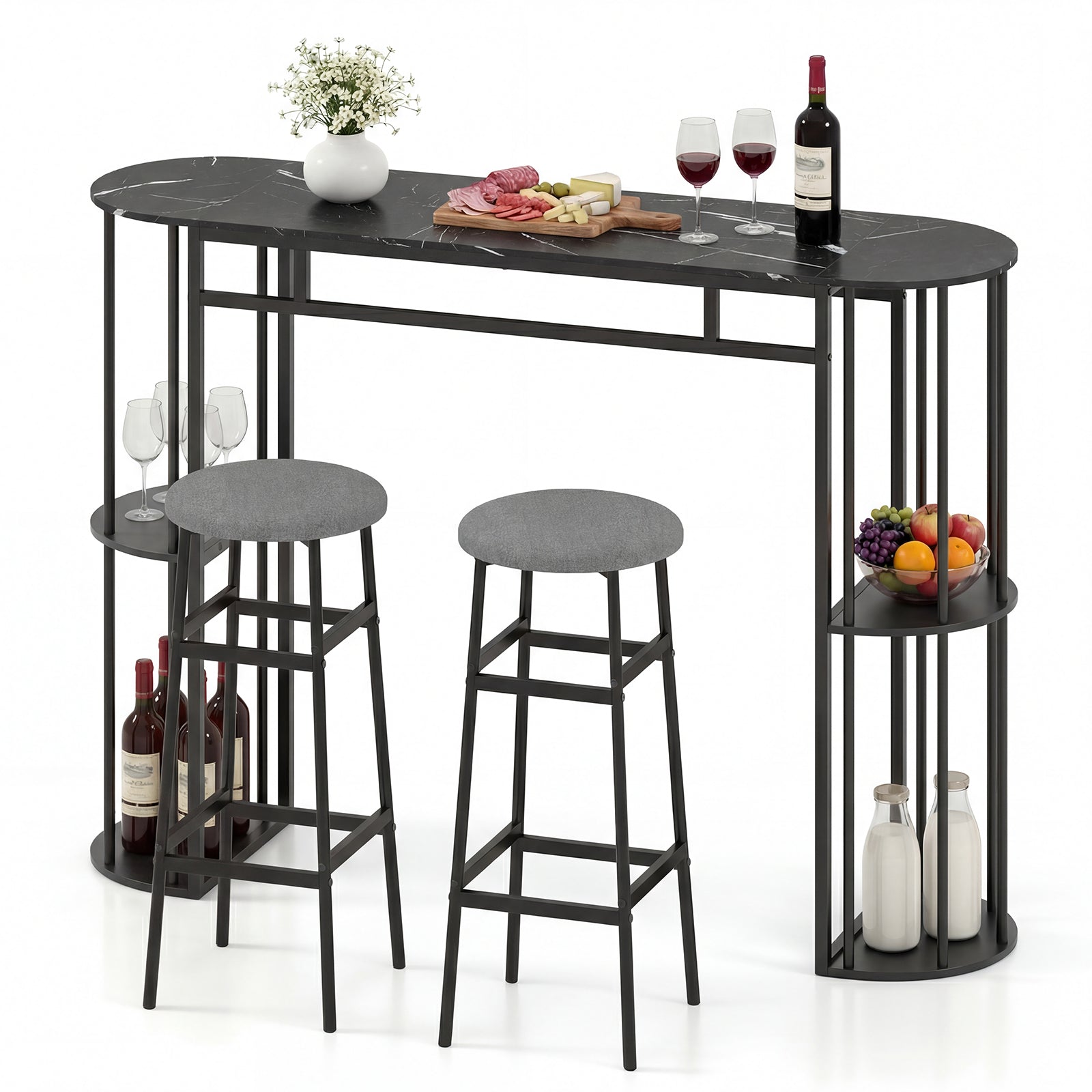 60 Inch Dining Table, 2 Barstools, Faux Marble Top, Gray Dining Room Sets Gray at Gallery Canada