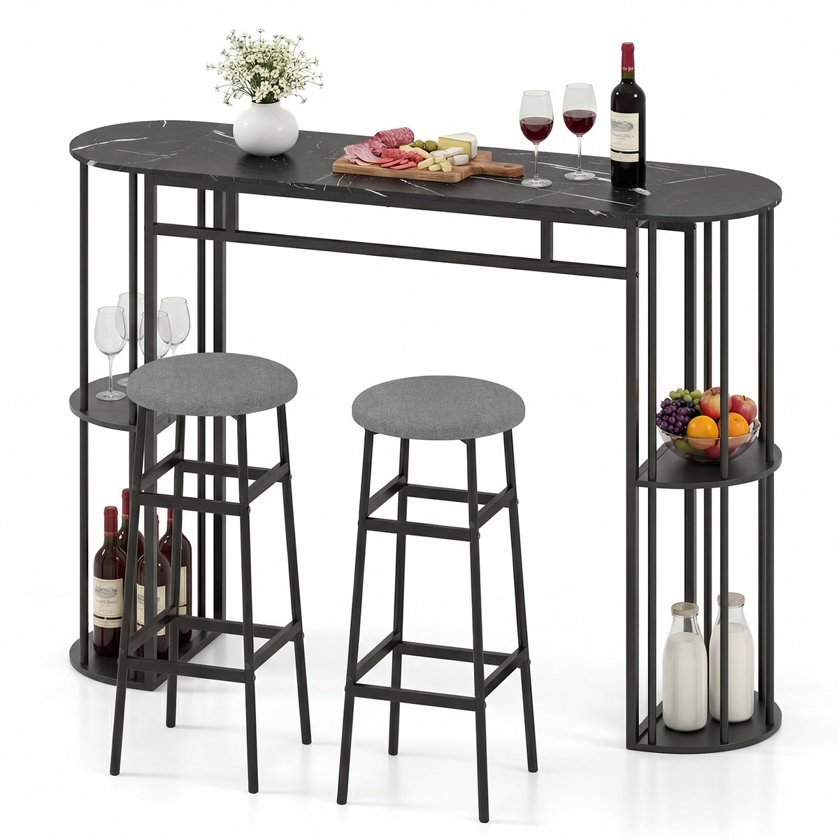 60 Inch Dining Table, 2 Barstools, Faux Marble Top, Gray Dining Room Sets at Gallery Canada