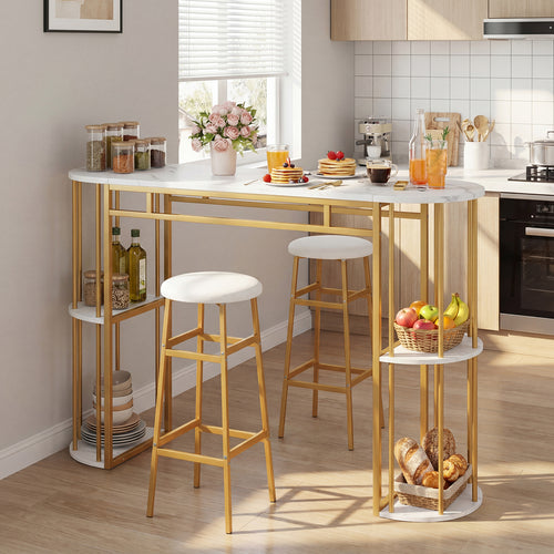 60 Inch Dining Table, 2 Upholstered Barstools, Faux Marble Tabletop, White