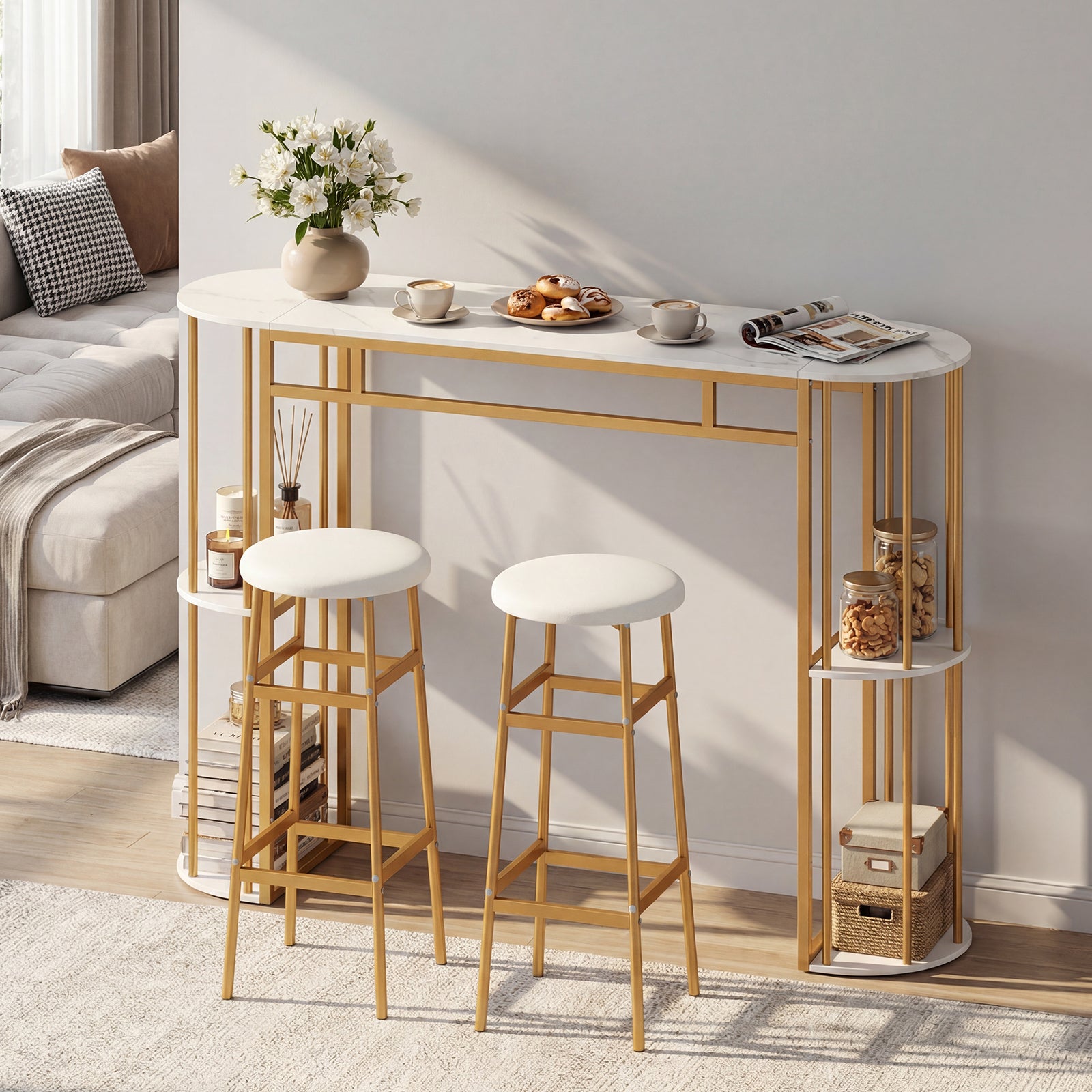 60 Inch Dining Table, 2 Upholstered Barstools, Faux Marble Tabletop, White Dining Room Sets at Gallery Canada