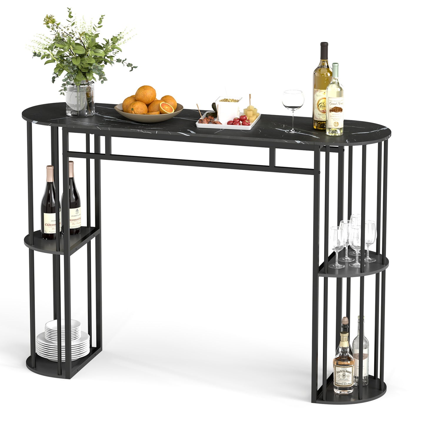 60 Inch Long Bar Table Narrow with Faux Marble Tabletop and Storage Shelves, Black Bar Tables at Gallery Canada