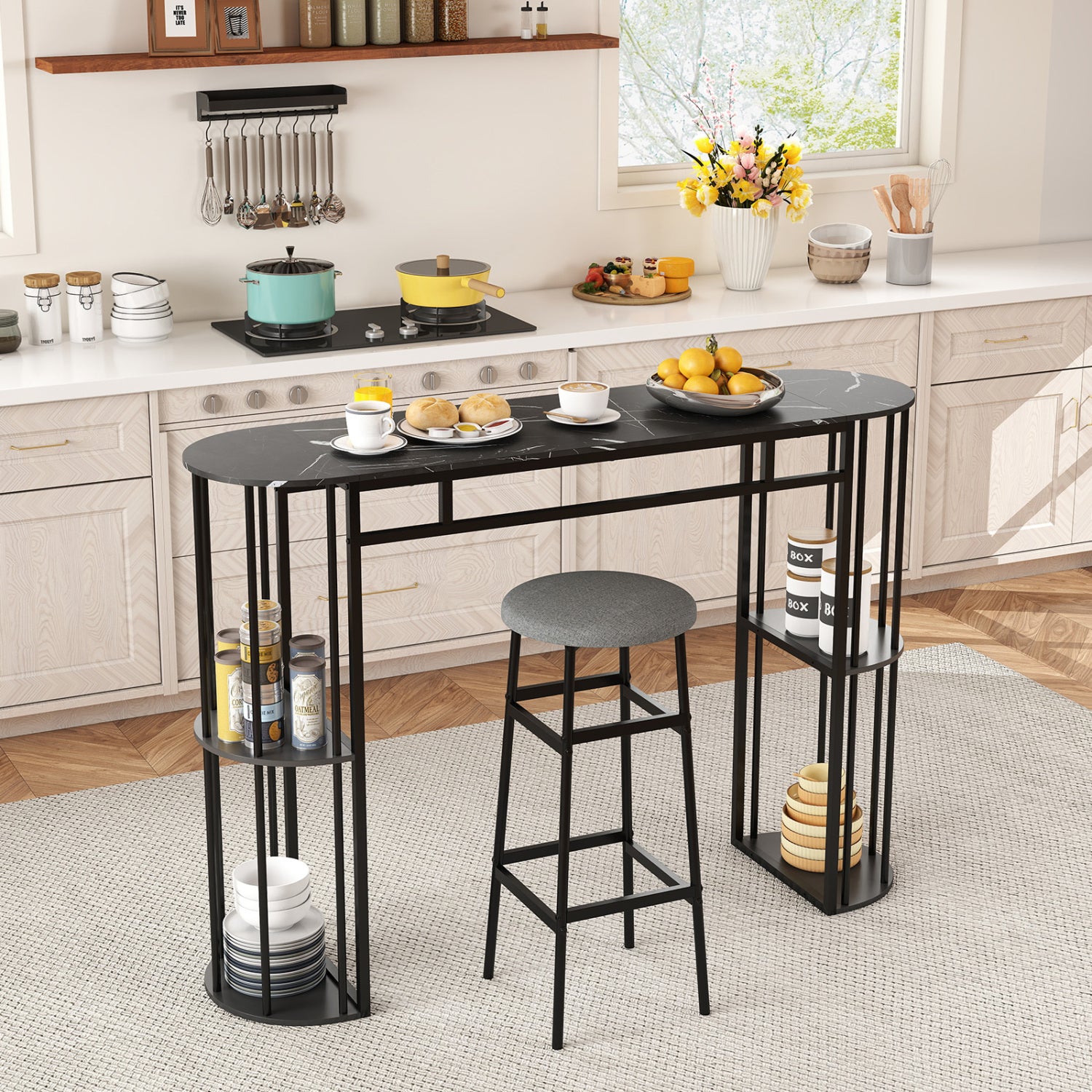 60 Inch Long Bar Table Narrow with Faux Marble Tabletop and Storage Shelves, Black Bar Tables at Gallery Canada