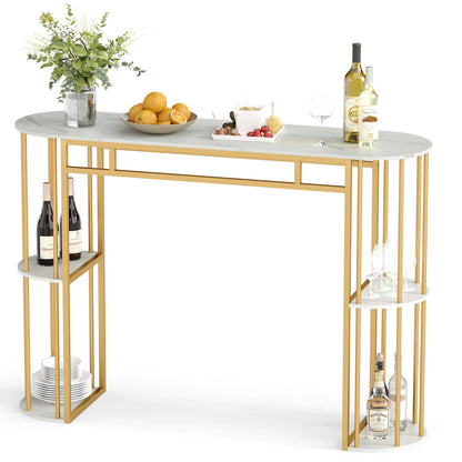 60 Inch Long Bar Table Narrow with Faux Marble Tabletop and Storage Shelves, White & Golden Bar Tables White & Golden at Gallery Canada