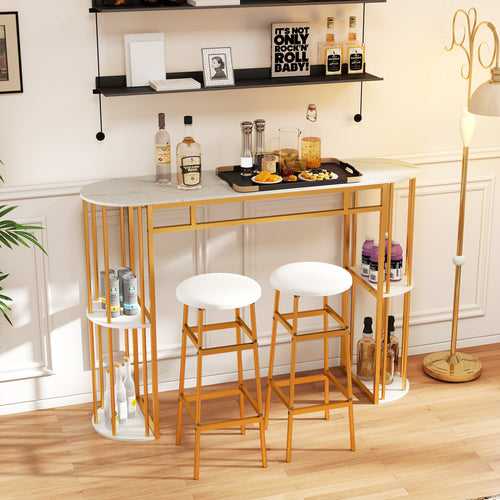 60 Inch Long Bar Table Narrow with Faux Marble Tabletop and Storage Shelves, White & Golden