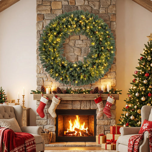 60 Inch Pre-Lit Artificial Christmas Wreath 200 LED Warm White Lights-Set of 2