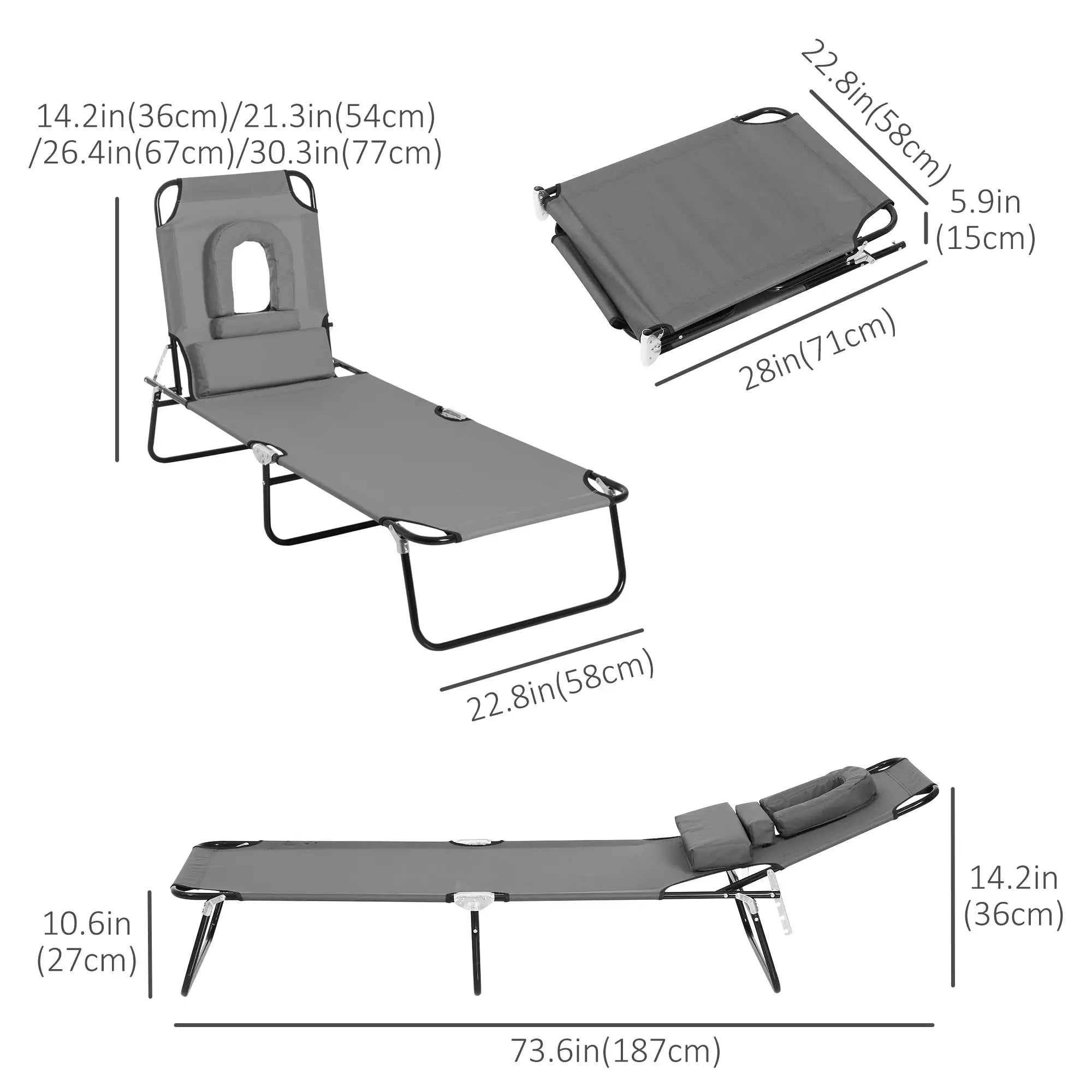 Adjustable Outdoor Lounge Chair, Folding Chaise with Face Hole, Grey Lounger Chairs at Gallery Canada