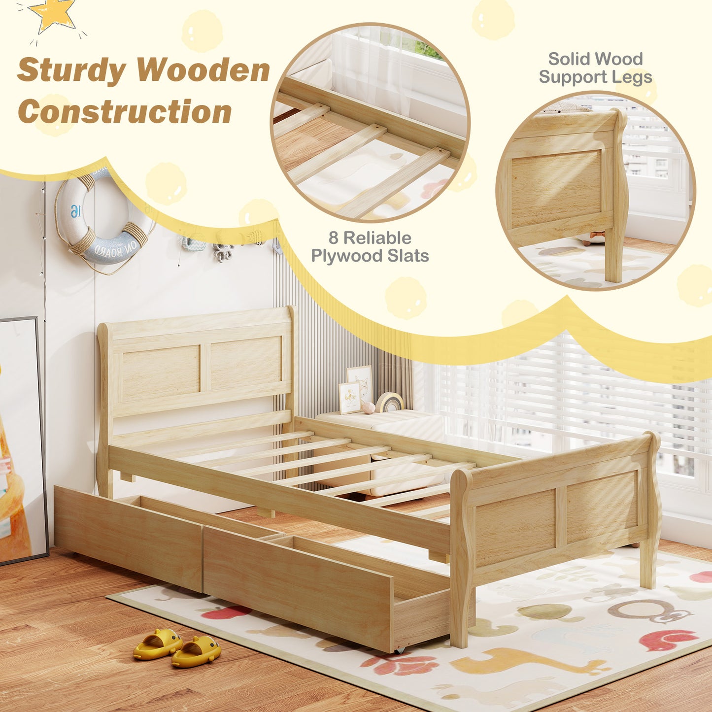 Twin Sleigh Bed With 2 Storage Drawers, Wood Platform Frame, Natural Simple Bed Frame at Gallery Canada