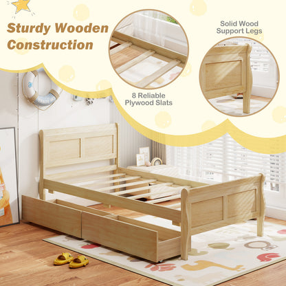 Twin Sleigh Bed With 2 Storage Drawers, Wood Platform Frame, Natural Simple Bed Frame at Gallery Canada