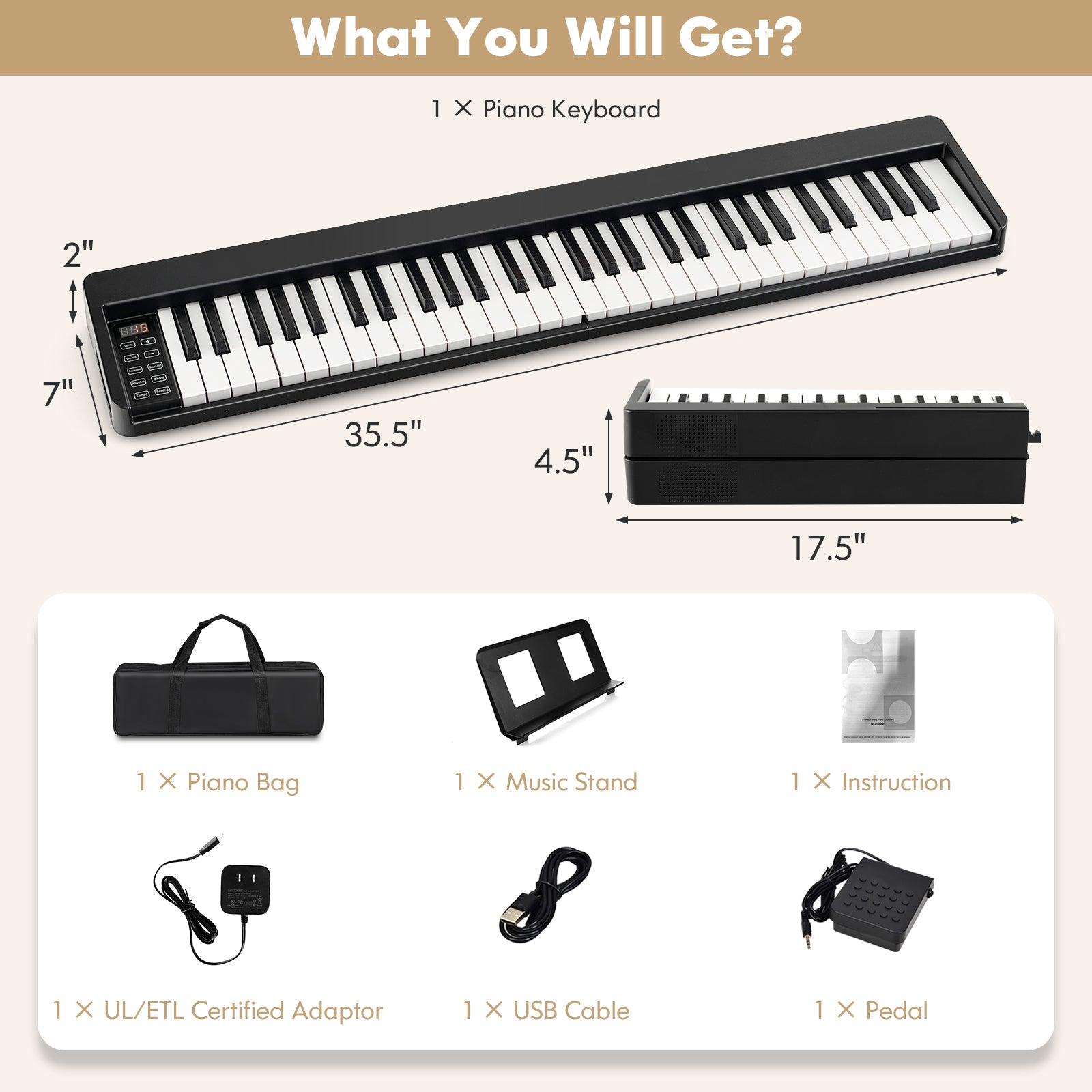 61-Key Folding Piano Keyboard, Full Size Keys, Music Stand, Black Pianos & Keyboards at Gallery Canada