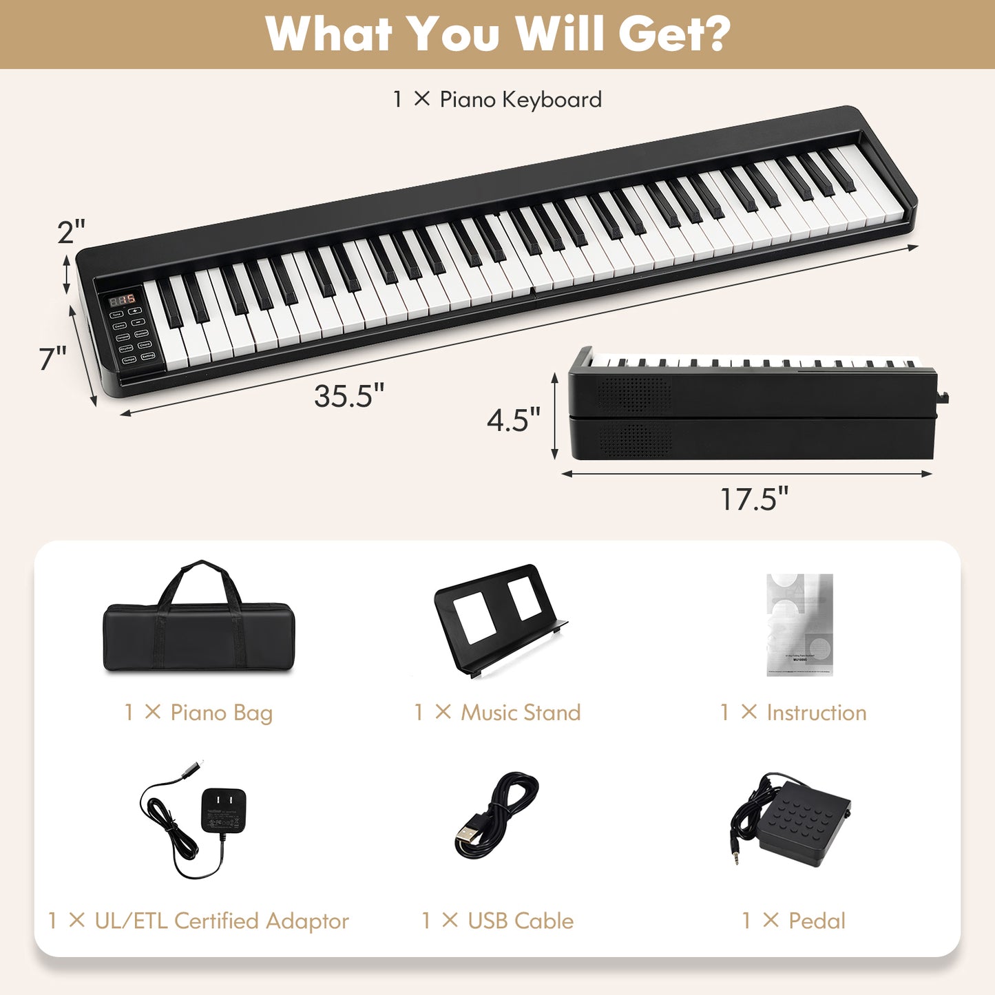 61-Key Folding Piano Keyboard, Full Size Keys, Music Stand, Black Pianos & Keyboards at Gallery Canada