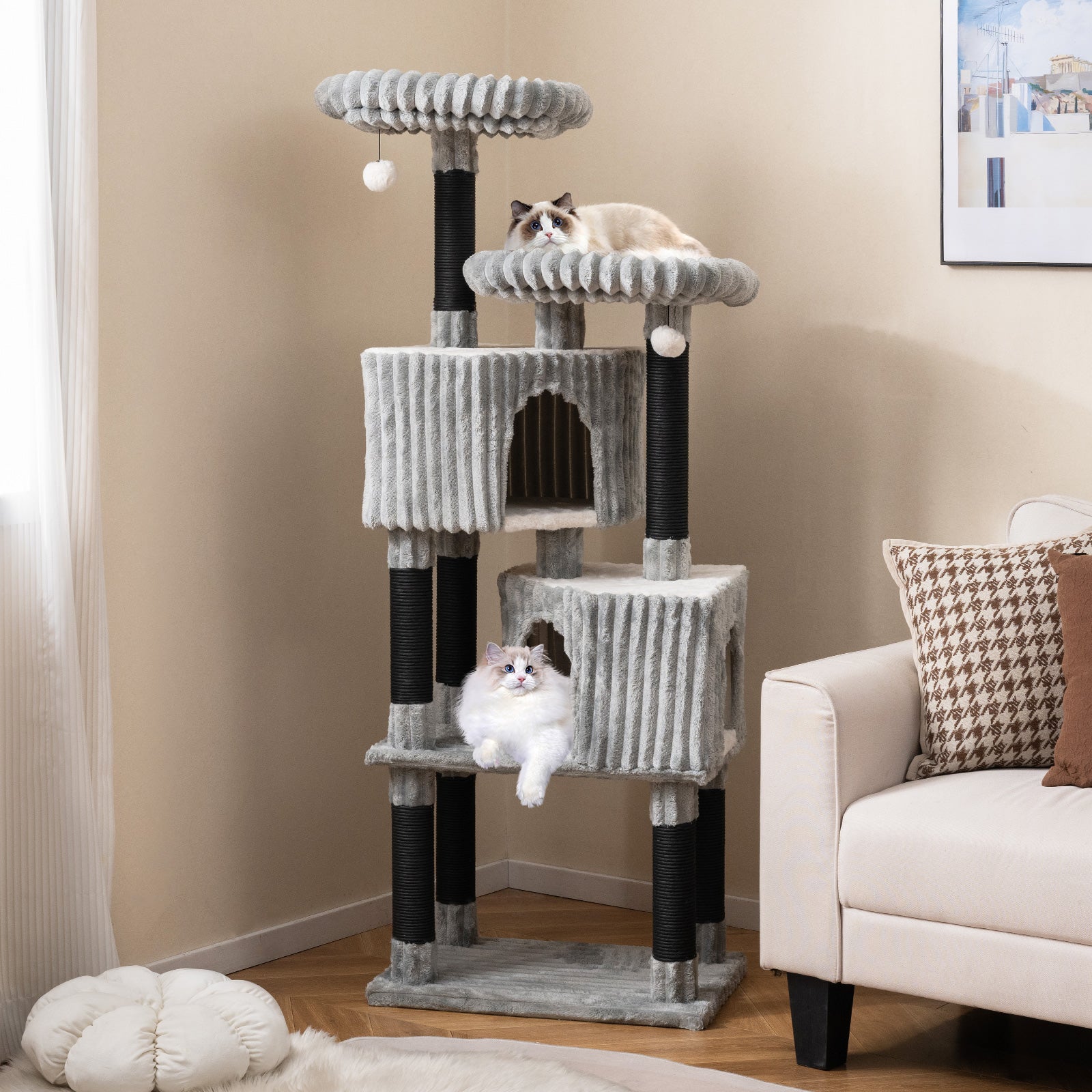 62 Inch Tall Cat Tower with Scratching Posts and Soft Flannel Covering-LG, Light Gray Cat Trees Condos & Scratchers at Gallery Canada