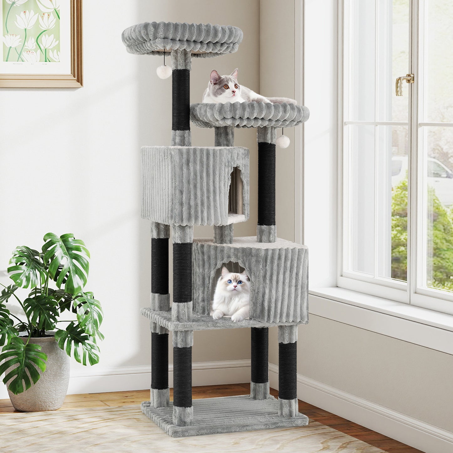 62 Inch Tall Cat Tower with Scratching Posts and Soft Flannel Covering-LG, Light Gray Cat Trees Condos & Scratchers at Gallery Canada