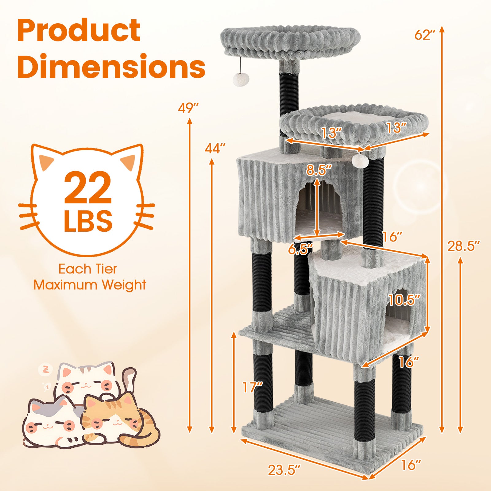 62 Inch Tall Cat Tower with Scratching Posts and Soft Flannel Covering-LG, Light Gray Cat Trees Condos & Scratchers at Gallery Canada