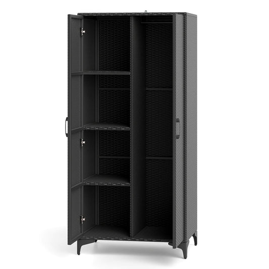 62 Inch Wicker Wardrobe, 2 Doors, PE Rattan, Hanging Rod, Black Armoires & Wardrobes Black at Gallery Canada