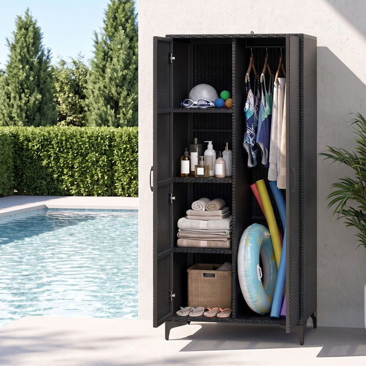 62 Inch Wicker Wardrobe, 2 Doors, PE Rattan, Hanging Rod, Black Armoires & Wardrobes Black at Gallery Canada