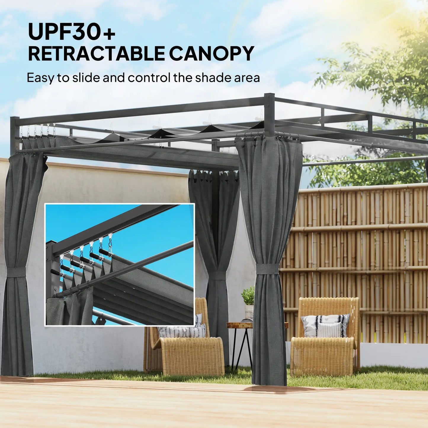 10' x 10' Dark Grey Outdoor Gazebo, Retractable Pergola Canopy With Curtains, Dark Grey Pergolas at Gallery Canada