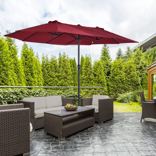 15ft Double-Sided Patio Umbrella, Twin Canopy, Wine Red Sun Umbrellas Wine Red at Gallery Canada