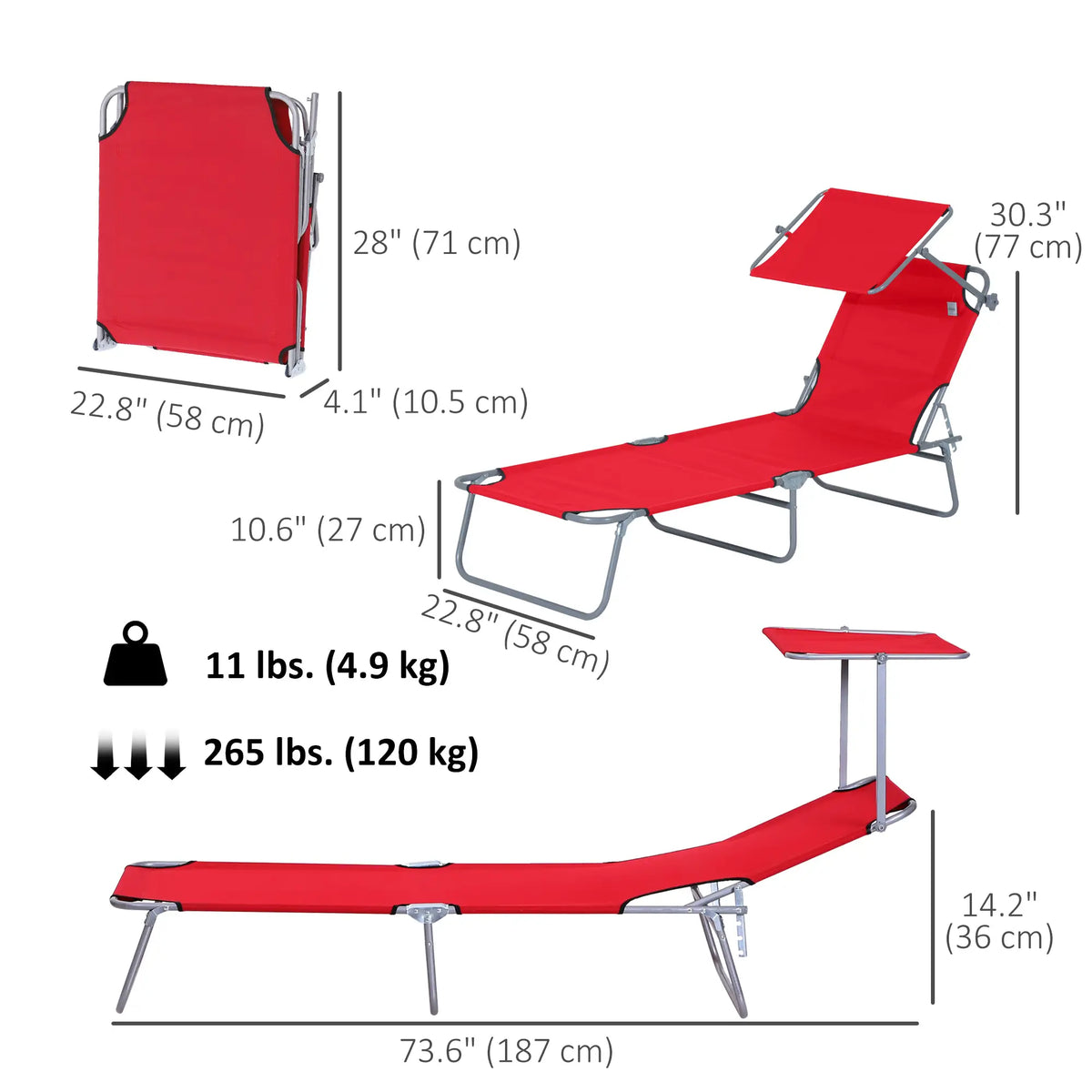 Adjustable Folding Chaise Lounge, Outdoor Tanning Chair with Sun Shade, Red Lounger Chairs at Gallery Canada