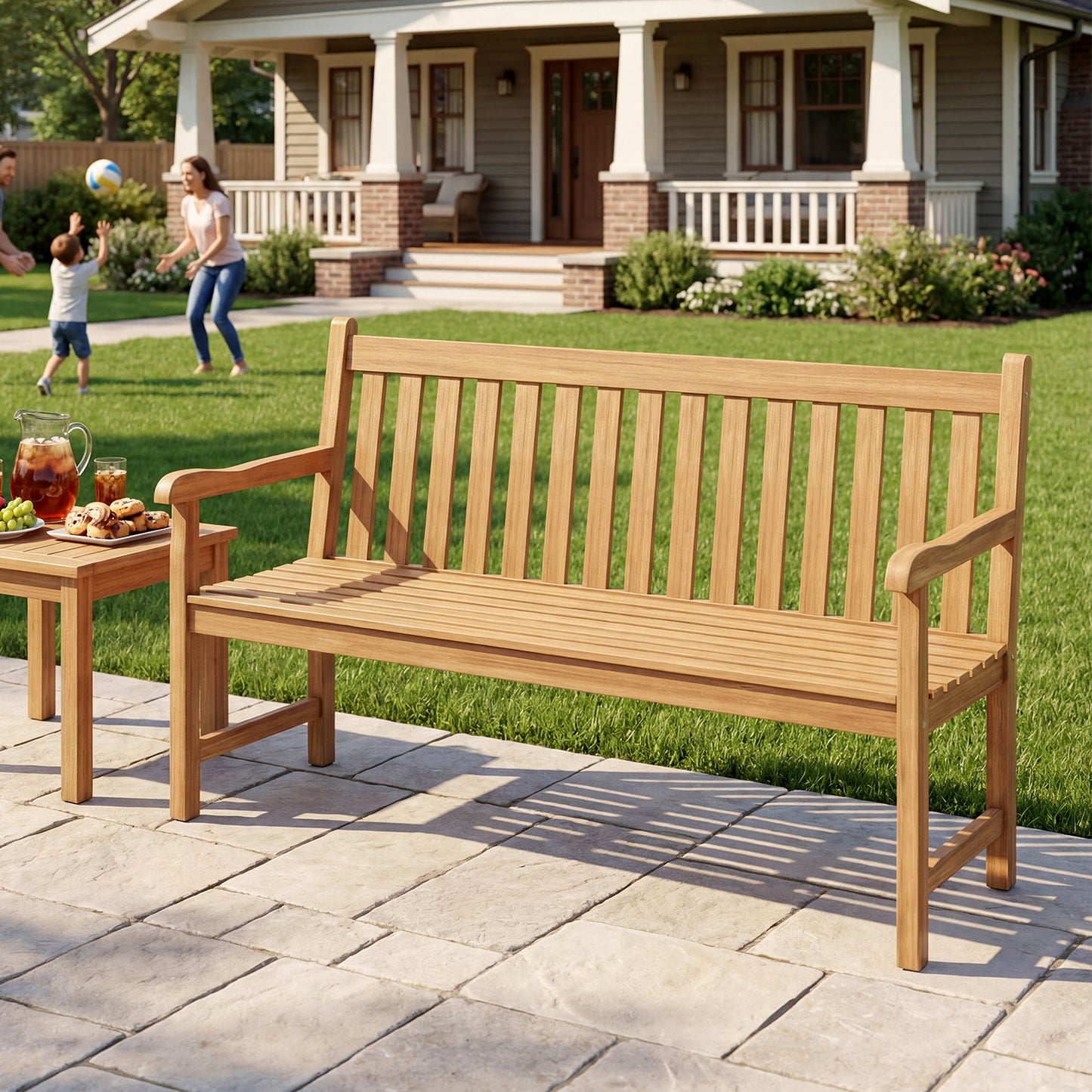 62 Inch Teak Outdoor Porch Bench, 3-Seat Solid Wood Garden Patio Bench Outdoor Benches at Gallery Canada