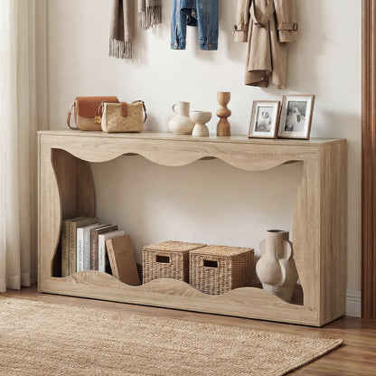 63 Inch Console Table, 2-Tier Narrow Entryway, Wavy Edge Storage Shelf, Natural Console Tables at Gallery Canada