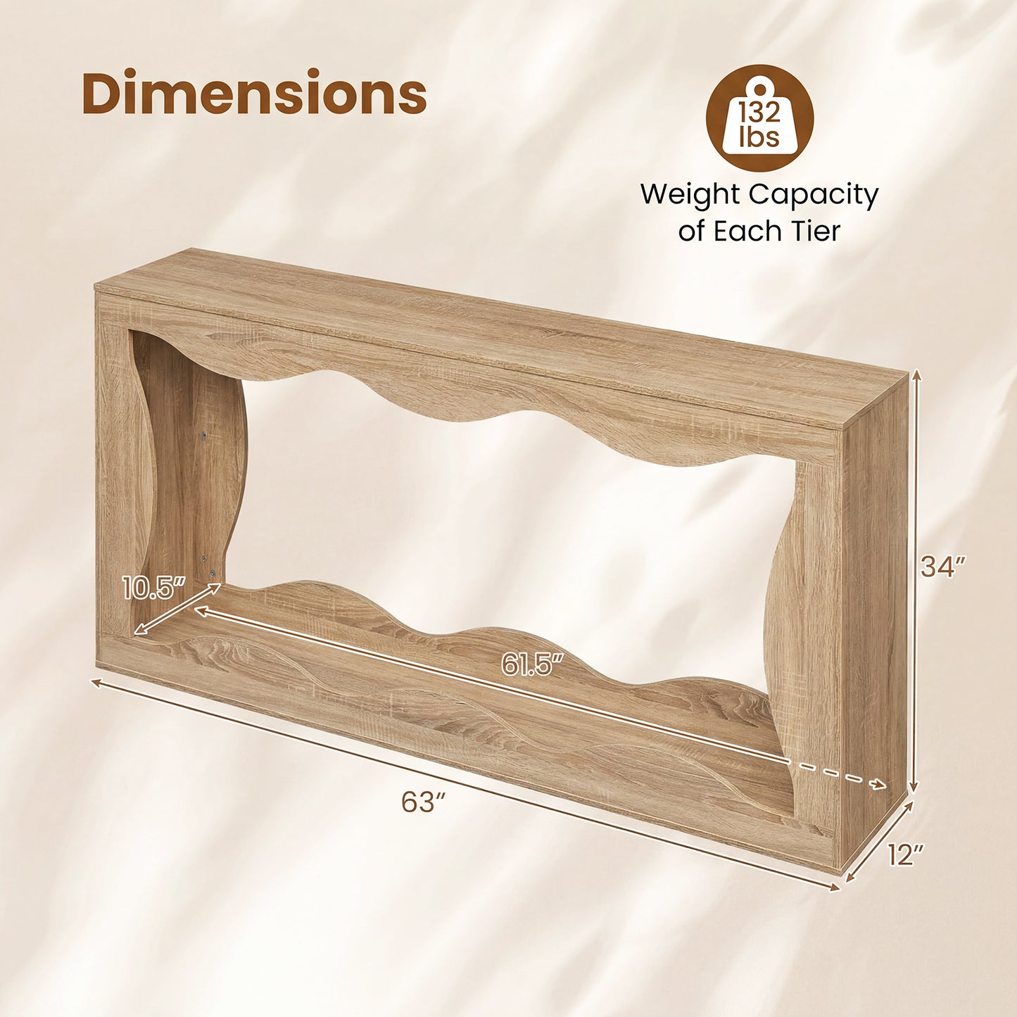63 Inch Console Table, 2-Tier Narrow Entryway, Wavy Edge Storage Shelf, Natural Console Tables at Gallery Canada