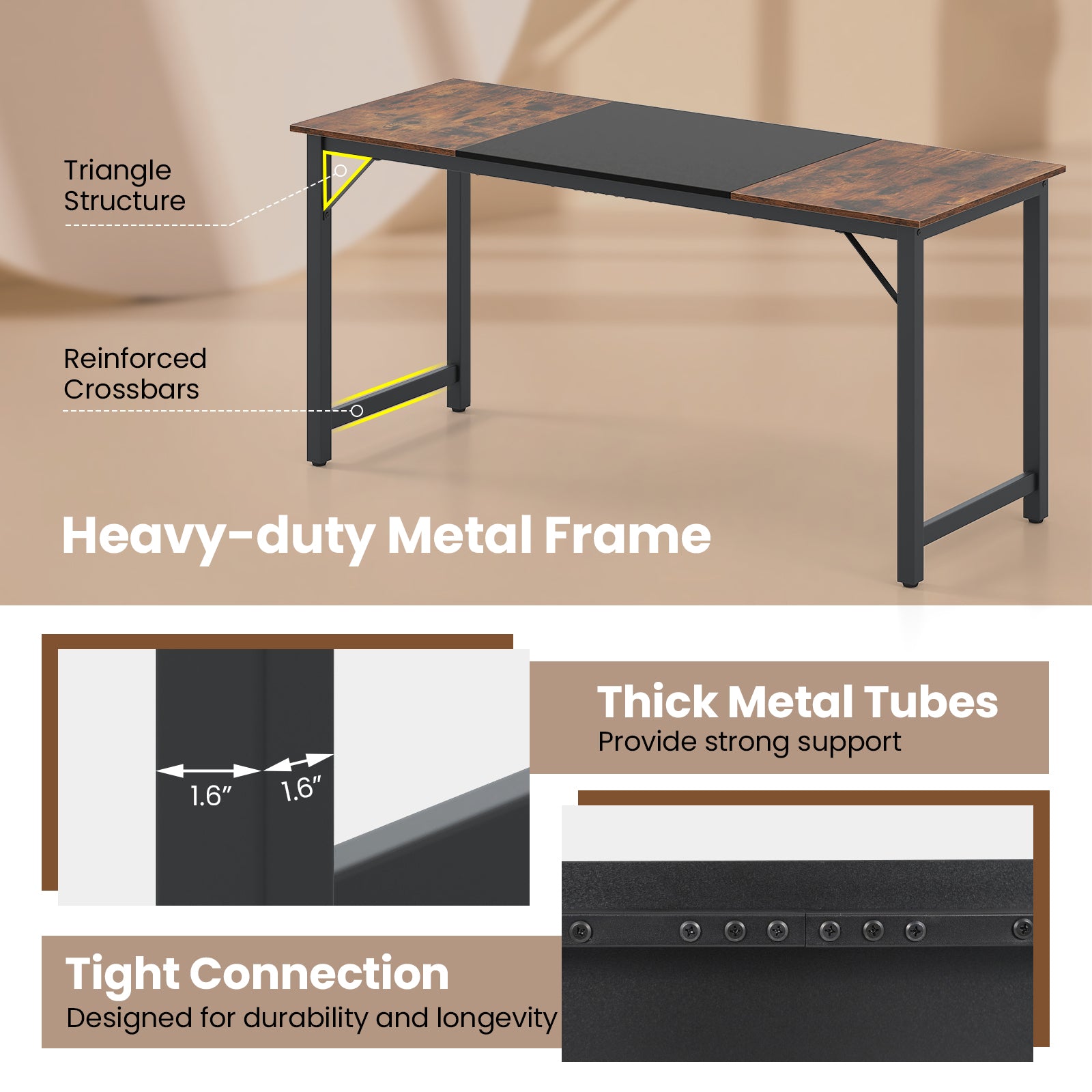 63 Inch Modern Splice Computer Desk, Heavy Duty Steel Frame, Black Computer Desks at Gallery Canada
