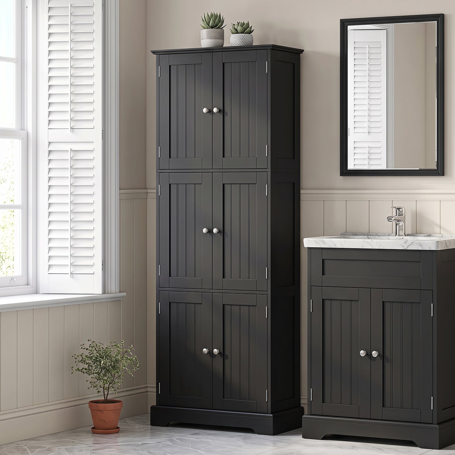 63 In Tall Bathroom Storage Cabinet, 6 Doors, Black Floor Cabinets at Gallery Canada