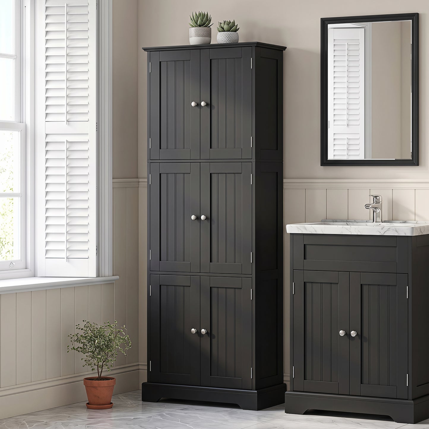63 In Tall Bathroom Storage Cabinet, 6 Doors, Black Floor Cabinets at Gallery Canada