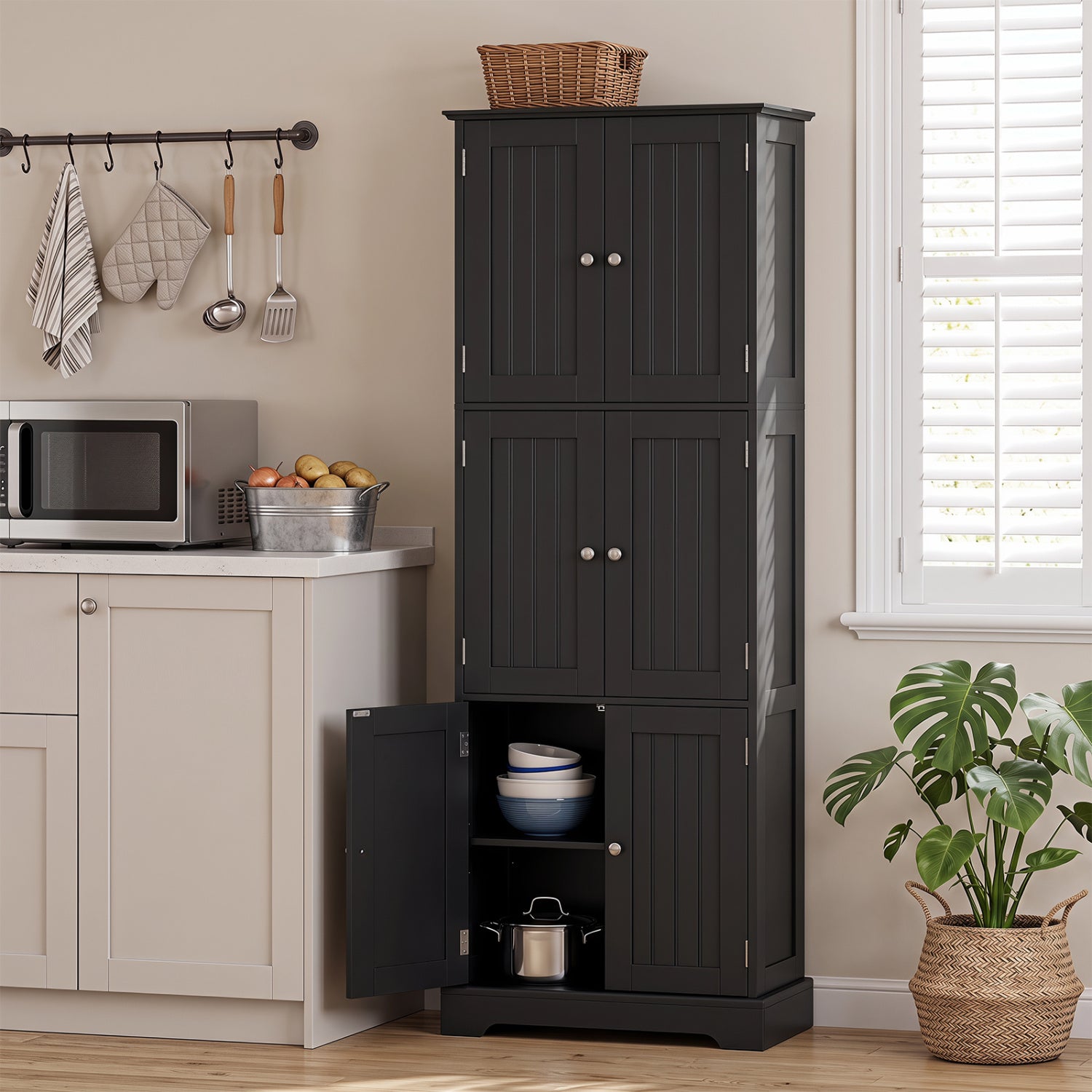 63 In Tall Bathroom Storage Cabinet, 6 Doors, Black Floor Cabinets at Gallery Canada