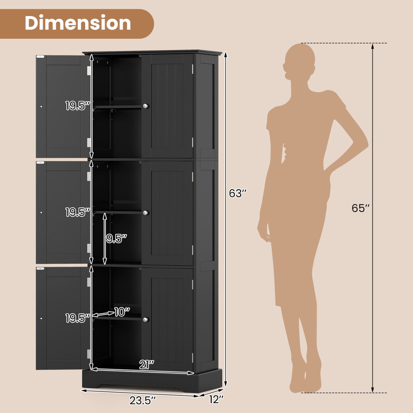 63 In Tall Bathroom Storage Cabinet, 6 Doors, Black Floor Cabinets at Gallery Canada