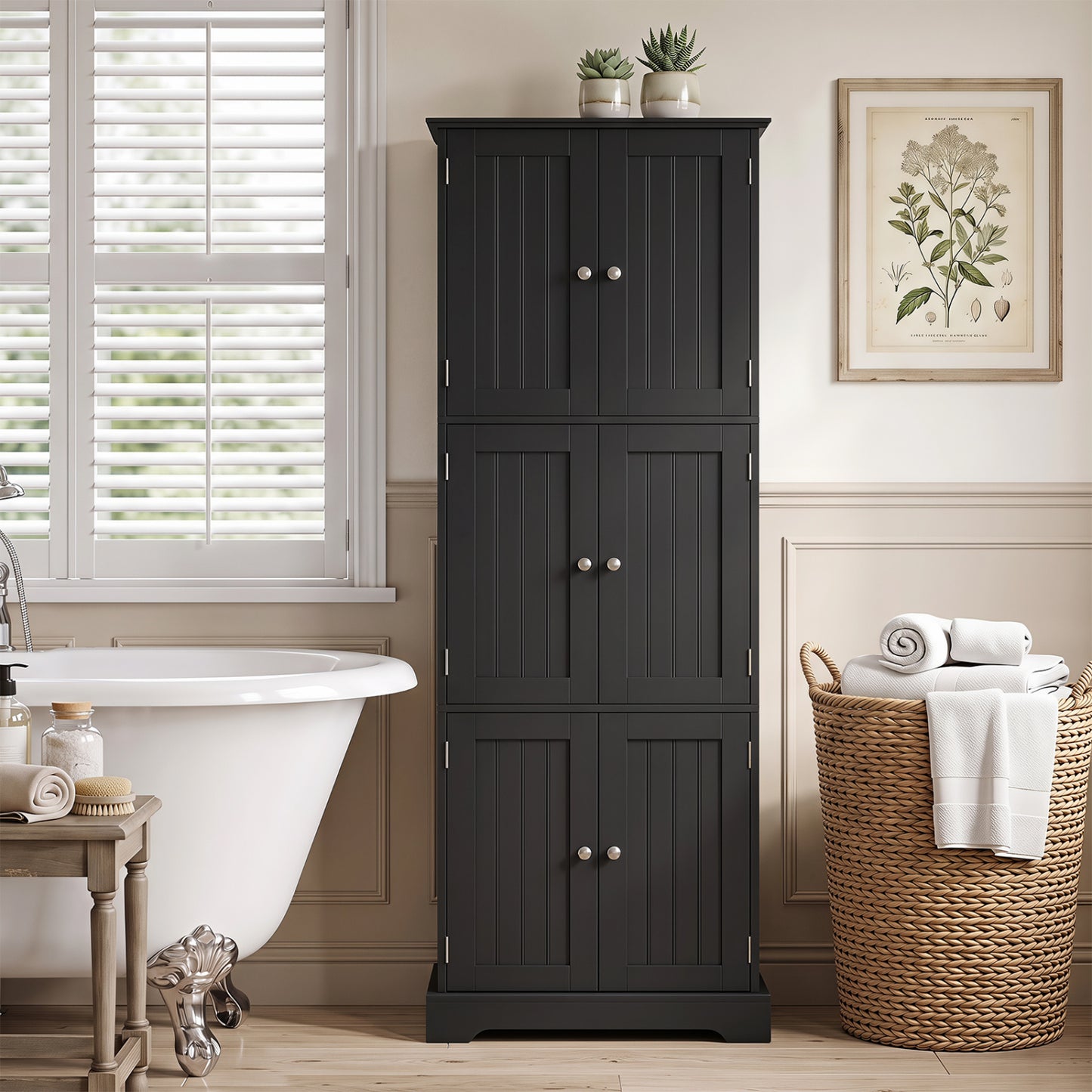 63 In Tall Bathroom Storage Cabinet, 6 Doors, Black Floor Cabinets at Gallery Canada