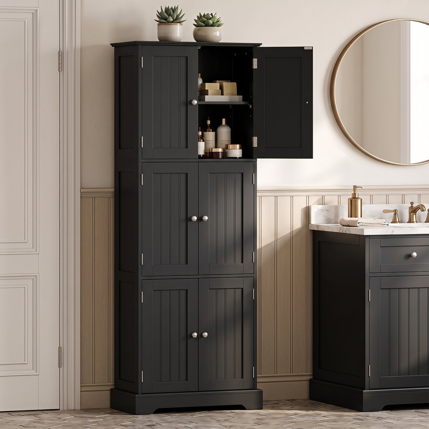 63 In Tall Bathroom Storage Cabinet, 6 Doors, Black Floor Cabinets at Gallery Canada