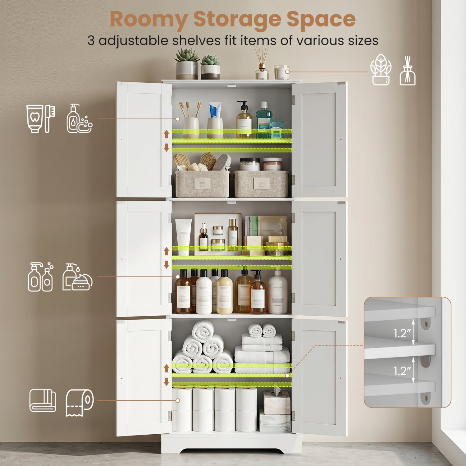 63 Inch Tall Bathroom Storage Cabinet, White Floor Cabinets at Gallery Canada
