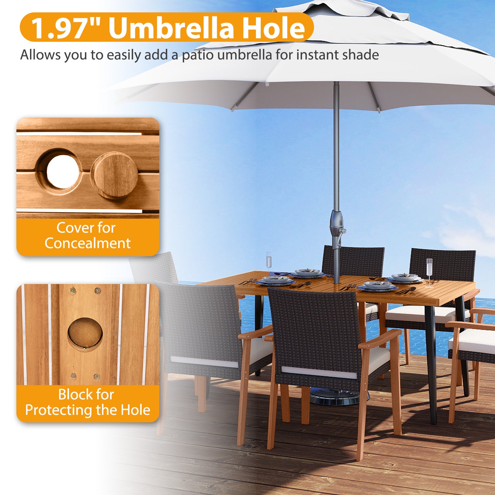 63 Inches Outdoor Indoor Dining Table with 1.97 Inches Umbrella Hole and Metal Legs Patio Dining Tables at Gallery Canada