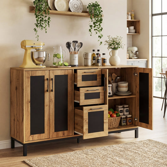 63" Sideboard Buffet Cabinet, 3 Drawers, Storage Shelves, Natural Sideboards Cabinets & Buffets Natural at Gallery Canada