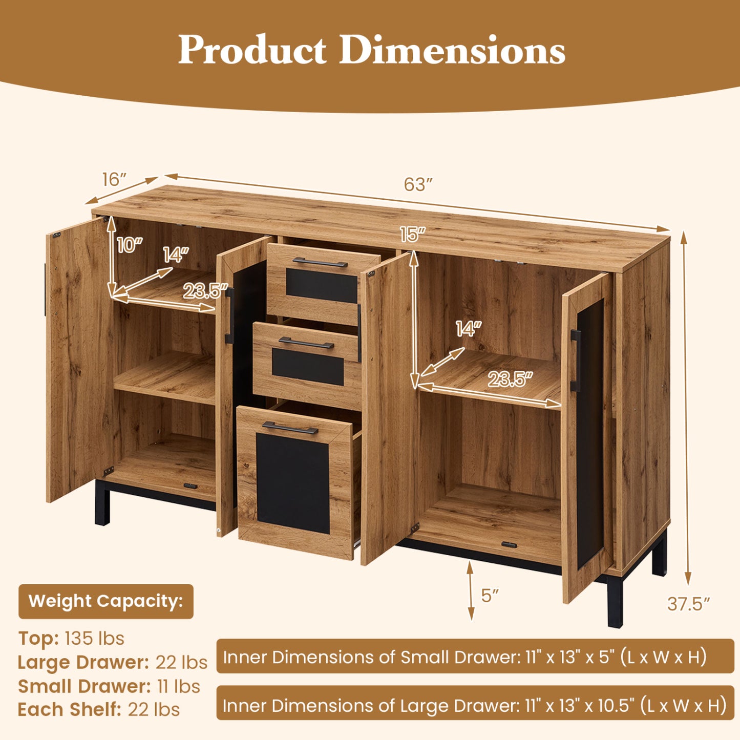 63" Sideboard Buffet Cabinet, 3 Drawers, Storage Shelves, Natural Sideboards Cabinets & Buffets at Gallery Canada
