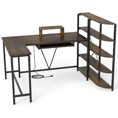 63" U-Shaped Desk, Power Outlets, 5-Tier Bookshelf, Keyboard Tray, Rustic Brown