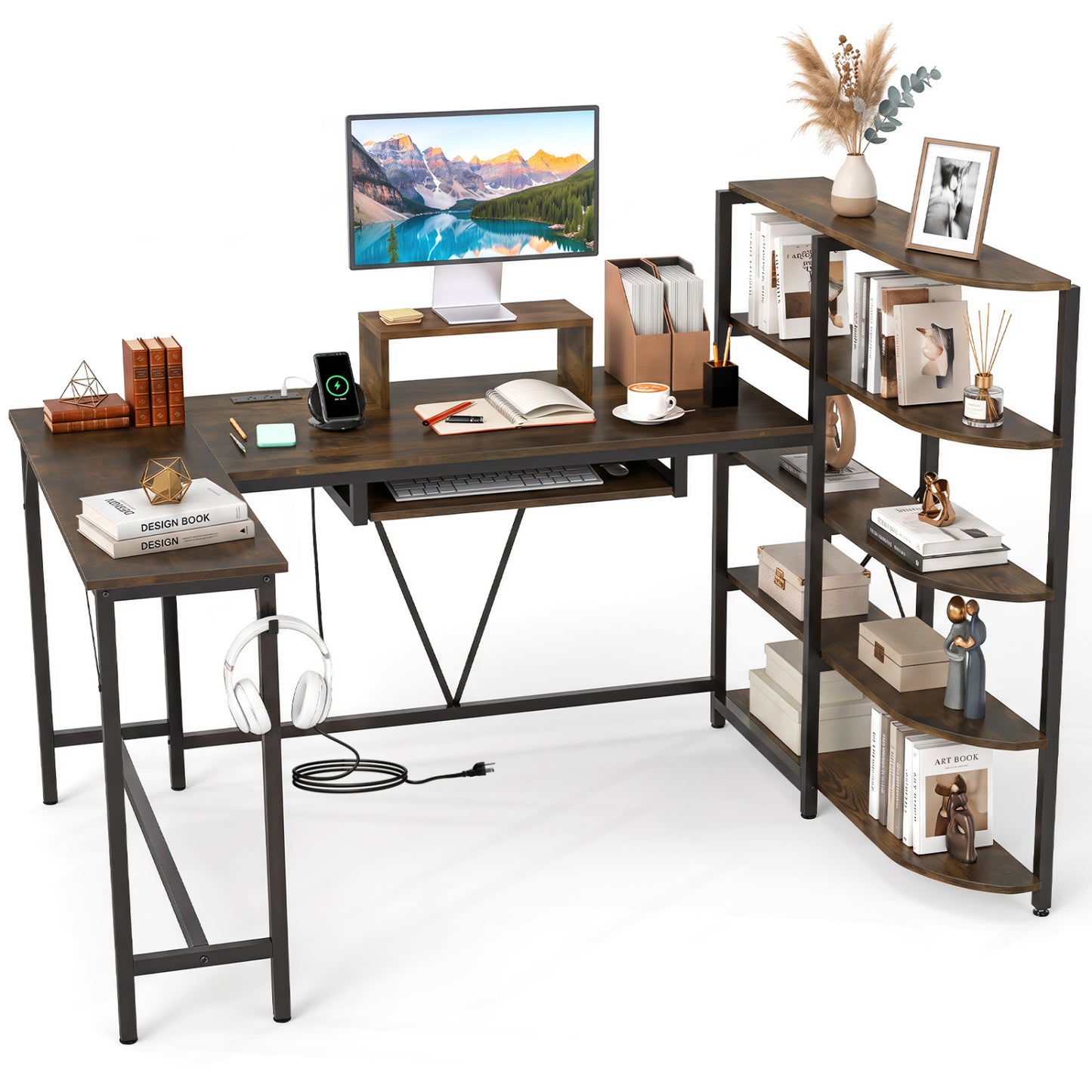 63" U-Shaped Desk, Power Outlets, 5-Tier Bookshelf, Keyboard Tray, Rustic Brown