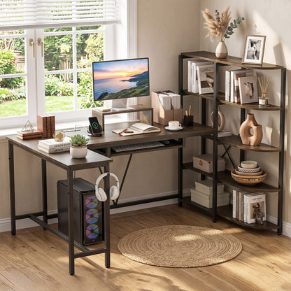 63" U-Shaped Desk, Power Outlets, 5-Tier Bookshelf, Keyboard Tray, Rustic Brown