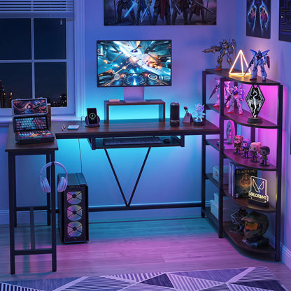 63" U-Shaped Desk, Power Outlets, 5-Tier Bookshelf, Keyboard Tray, Rustic Brown