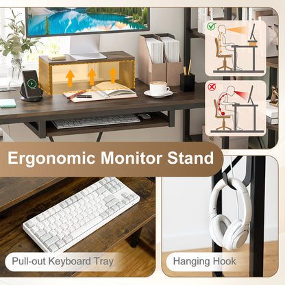 63" U-Shaped Desk, Power Outlets, 5-Tier Bookshelf, Keyboard Tray, Rustic Brown