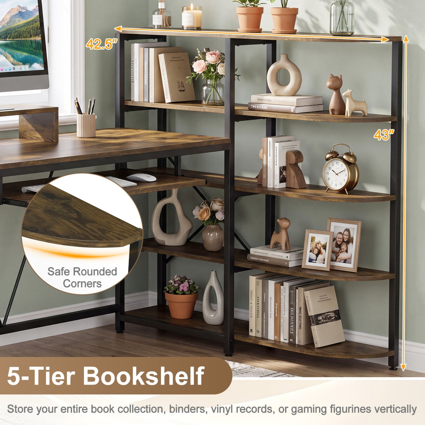63" U-Shaped Desk, Power Outlets, 5-Tier Bookshelf, Keyboard Tray, Rustic Brown