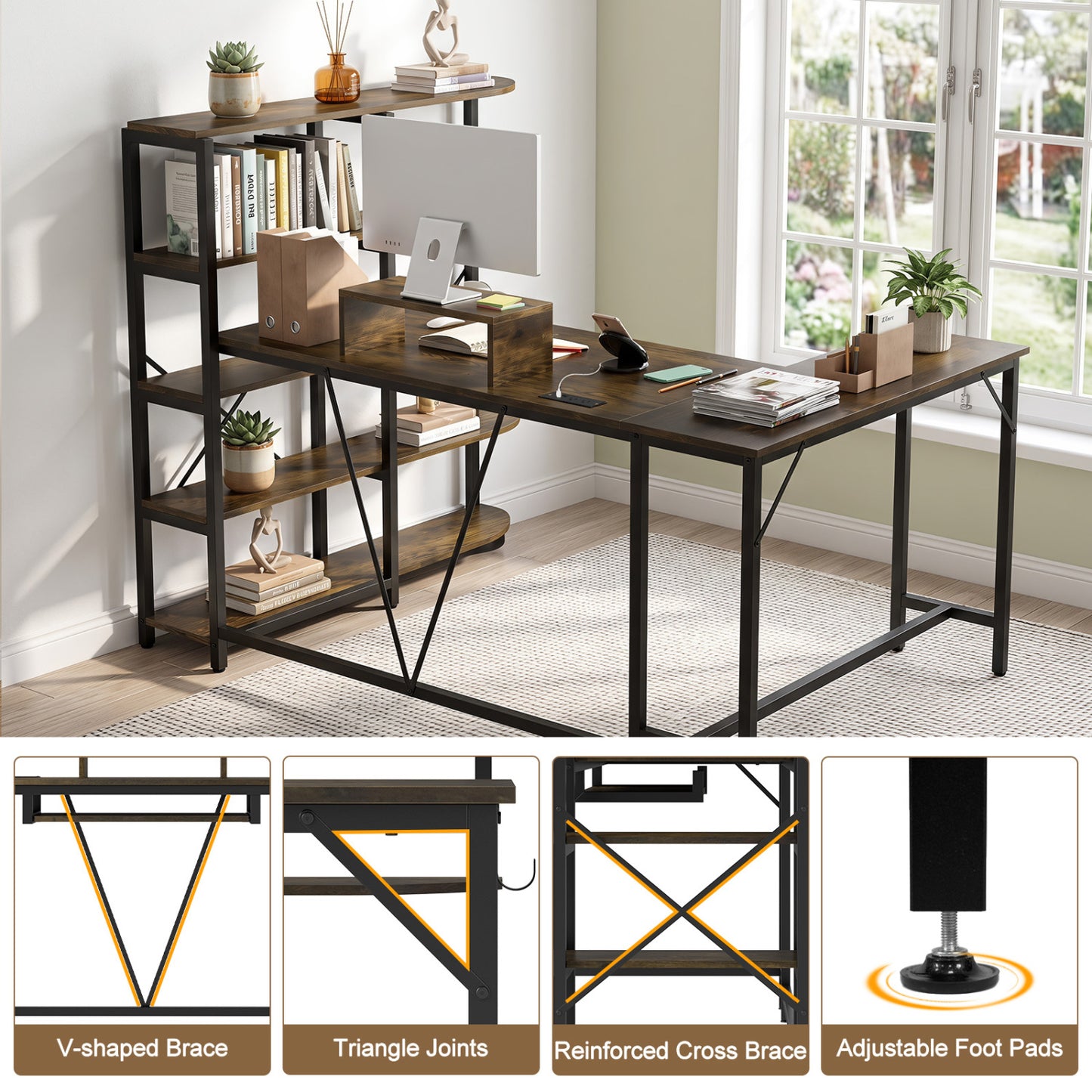 63" U-Shaped Desk, Power Outlets, 5-Tier Bookshelf, Keyboard Tray, Rustic Brown