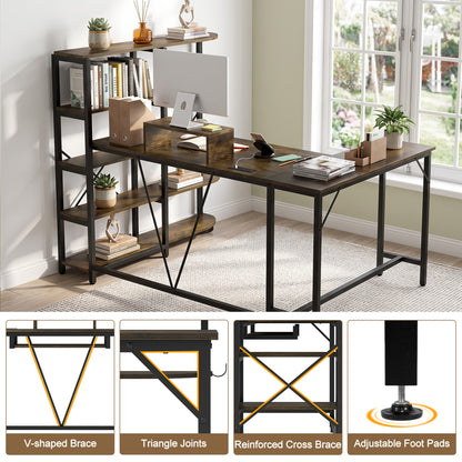 63" U-Shaped Desk, Power Outlets, 5-Tier Bookshelf, Keyboard Tray, Rustic Brown