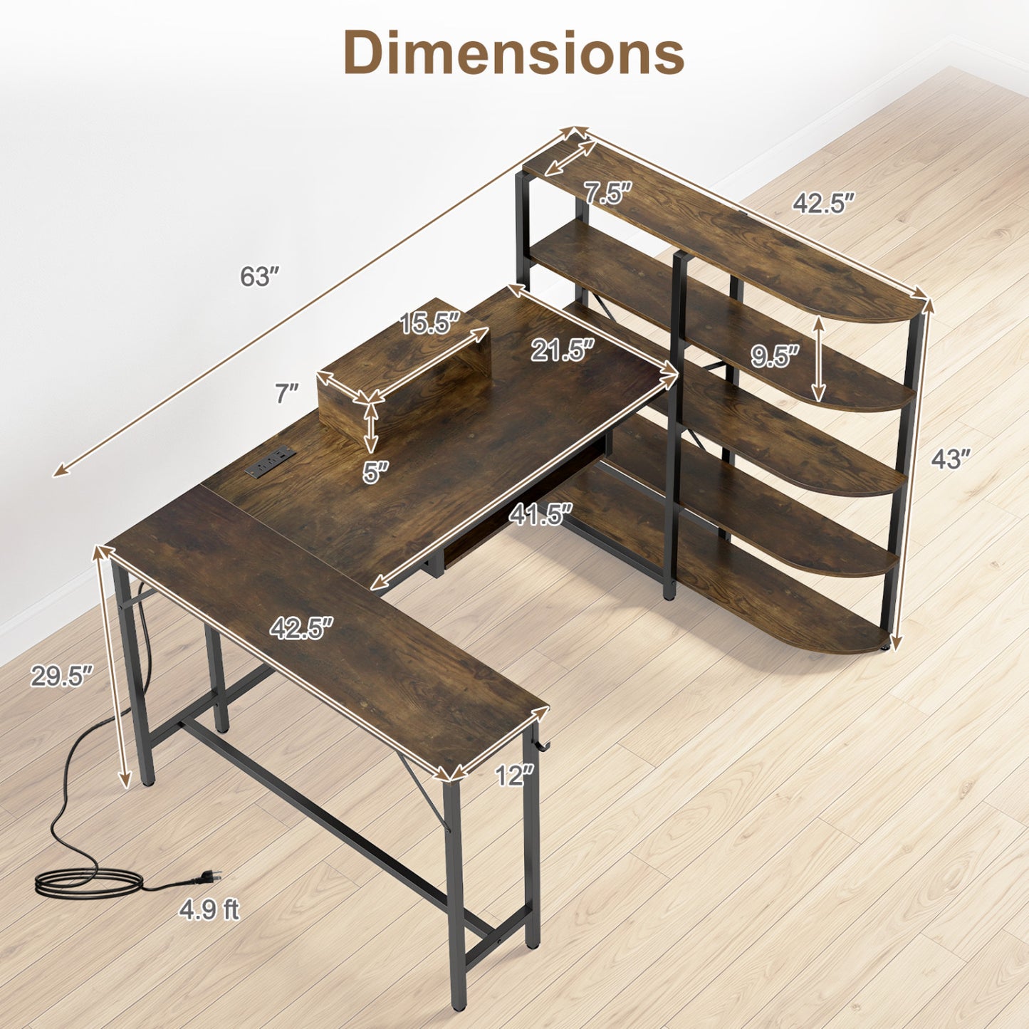 63" U-Shaped Desk, Power Outlets, 5-Tier Bookshelf, Keyboard Tray, Rustic Brown