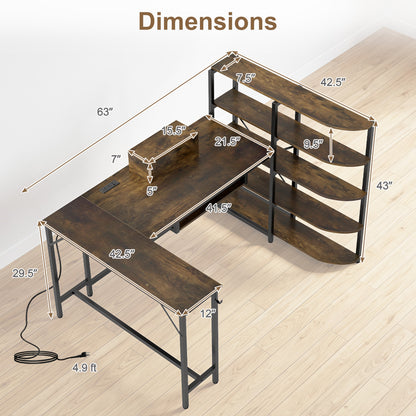 63" U-Shaped Desk, Power Outlets, 5-Tier Bookshelf, Keyboard Tray, Rustic Brown