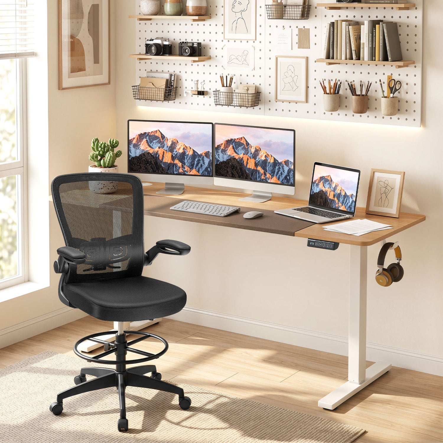 63 x 24 Inch Height Adjustable Sit Stand Computer Desk with 3 Memory Presets, Natural & White Computer Desks at Gallery Canada