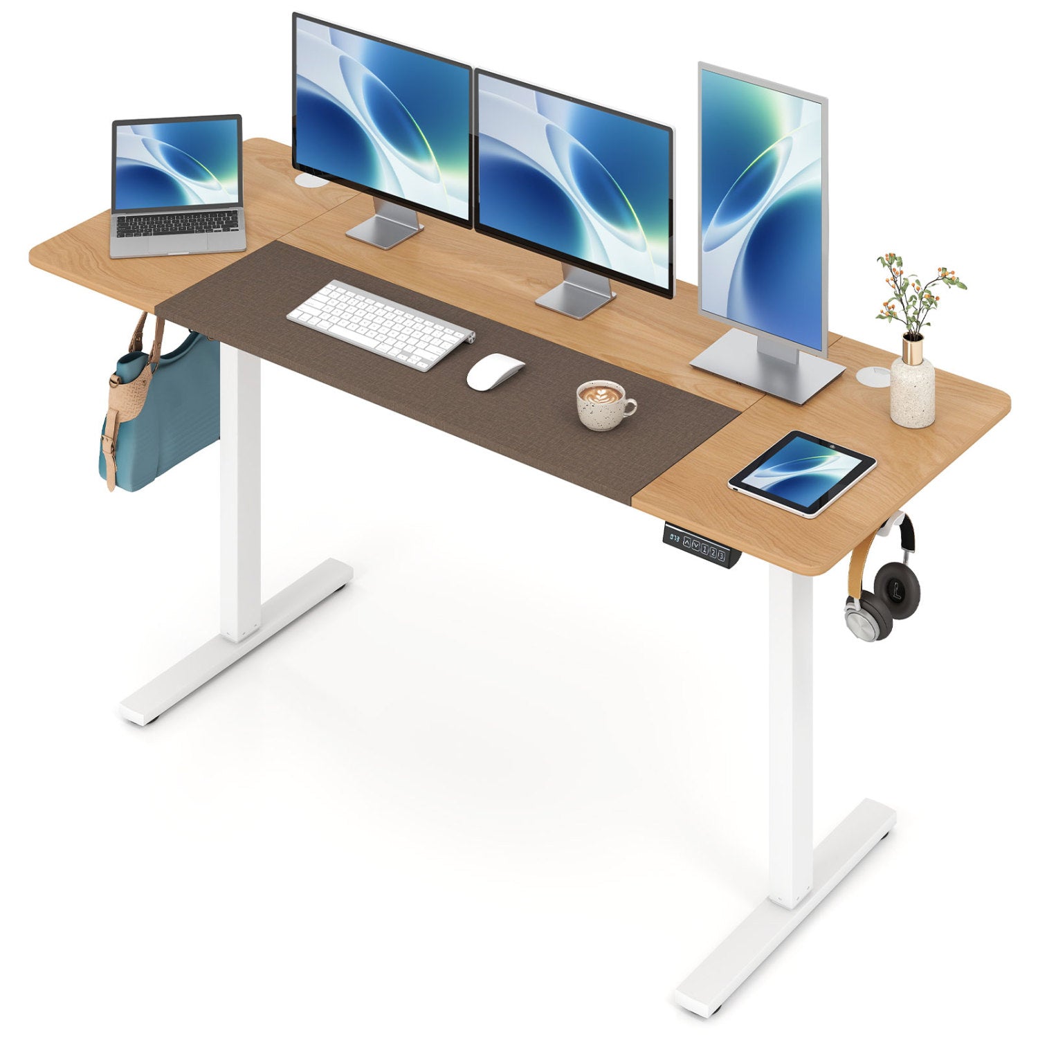 63 x 24 Inch Height Adjustable Sit Stand Computer Desk with 3 Memory Presets, Natural & White Computer Desks at Gallery Canada